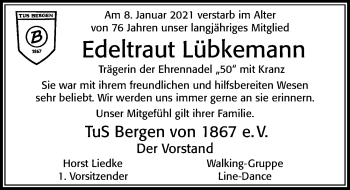 Traueranzeige von Edeltraut Lübkemann von Cellesche Zeitung