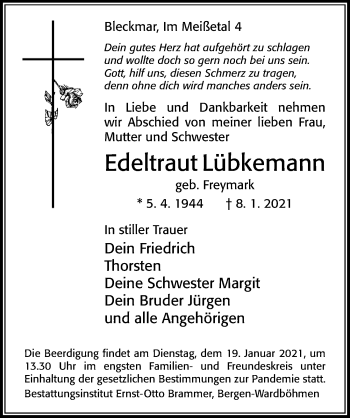 Traueranzeige von Edeltraut Lübkemann von Cellesche Zeitung