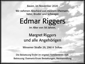 Traueranzeige von Edmar Riggers von Cellesche Zeitung