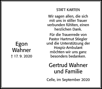 Traueranzeige von Egon Wahner von Cellesche Zeitung