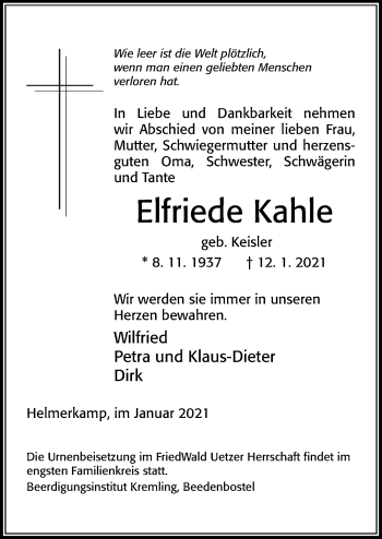 Traueranzeige von Elfriede Kahle von Cellesche Zeitung