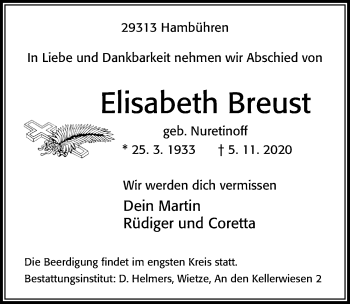 Traueranzeige von Elisabeth Breust von Cellesche Zeitung