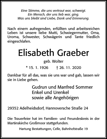 Traueranzeige von Elisabeth Graeber von Cellesche Zeitung