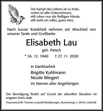 Traueranzeige von Elisabeth Lau von Cellesche Zeitung