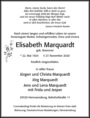 Traueranzeige von Elisabeth Marquardt von Cellesche Zeitung