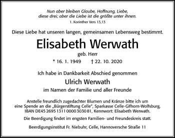 Traueranzeige von Elisabeth Werwath von Cellesche Zeitung