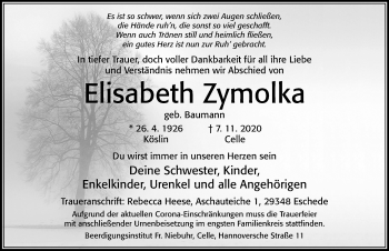 Traueranzeige von Elisabeth Zymolka von Cellesche Zeitung