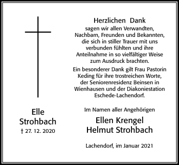 Traueranzeige von Elle Strohbach von Cellesche Zeitung