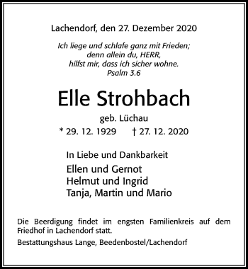 Traueranzeige von Elle Strohbach von Cellesche Zeitung