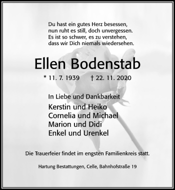 Traueranzeige von Ellen Bodenstab von Cellesche Zeitung