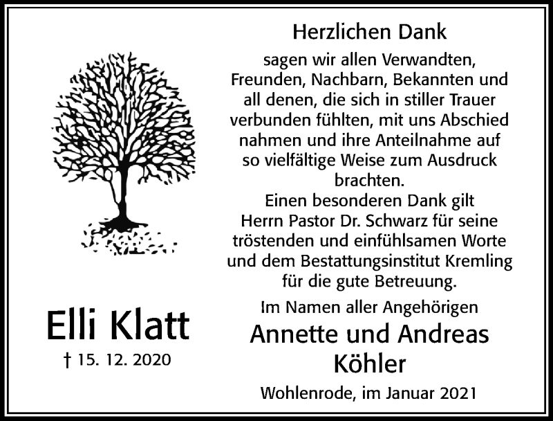  Traueranzeige für Elli Klatt vom 23.01.2021 aus Cellesche Zeitung