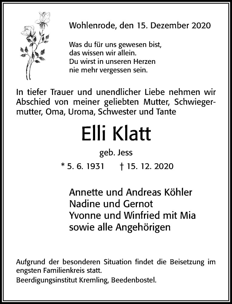  Traueranzeige für Elli Klatt vom 19.12.2020 aus Cellesche Zeitung