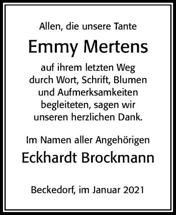 Traueranzeige von Emmy Mertens von Cellesche Zeitung