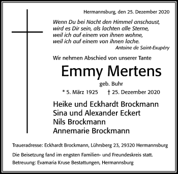 Traueranzeige von Emmy Mertens von Cellesche Zeitung