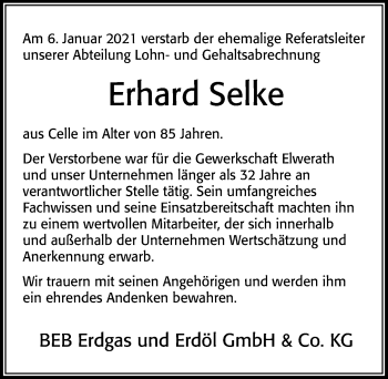 Traueranzeige von Erhard Selke von Cellesche Zeitung