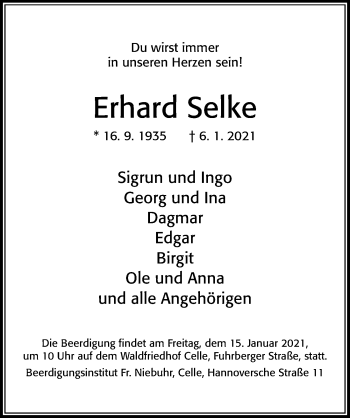 Traueranzeige von Erhard Selke von Cellesche Zeitung