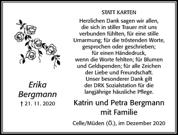 Traueranzeige von Erika Bergmann von Cellesche Zeitung