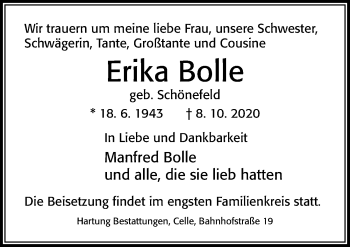 Traueranzeige von Erika Bolle von Cellesche Zeitung