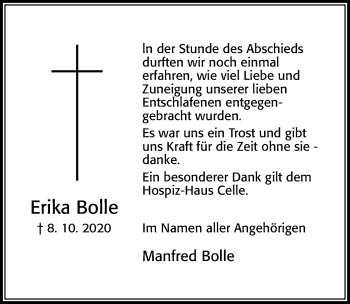 Traueranzeige von Erika Bolle von Cellesche Zeitung