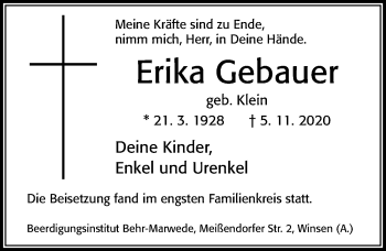 Traueranzeige von Erika Gebauer von Cellesche Zeitung