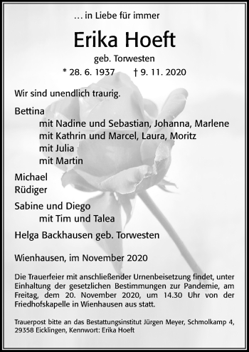Traueranzeige von Erika Hoeft von Cellesche Zeitung