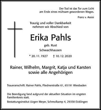 Traueranzeige von Erika Pahls von Cellesche Zeitung