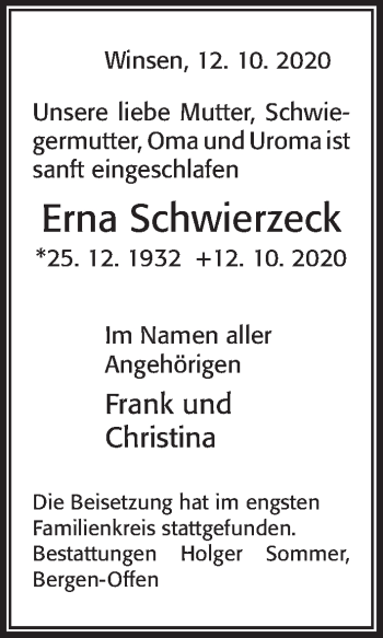 Traueranzeige von Erna Schwierzeck von Cellesche Zeitung