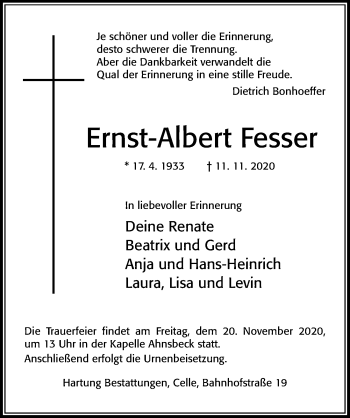 Traueranzeige von Ernst-Albert Fesser von Cellesche Zeitung