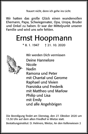 Traueranzeige von Ernst Hoopmann von Cellesche Zeitung
