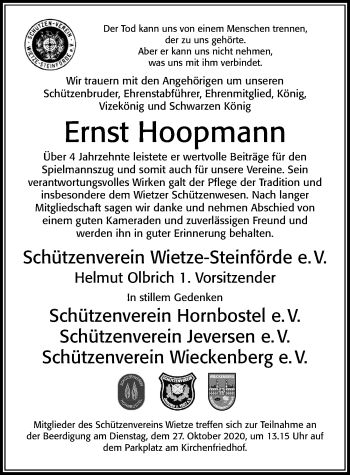 Traueranzeige von Ernst Hoopmann von Cellesche Zeitung