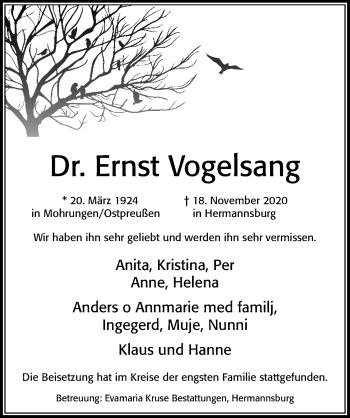 Traueranzeige von Ernst Vogelsang von Cellesche Zeitung