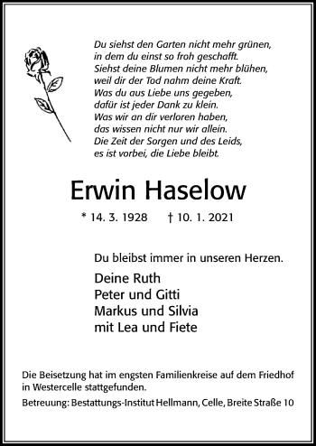 Traueranzeige von Erwin Haselow von Cellesche Zeitung
