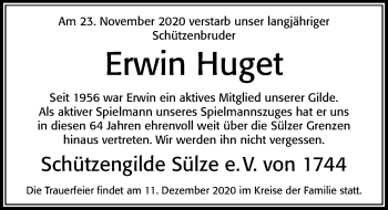 Traueranzeige von Erwin Huget von Cellesche Zeitung