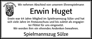 Traueranzeige von Erwin Huget von Cellesche Zeitung