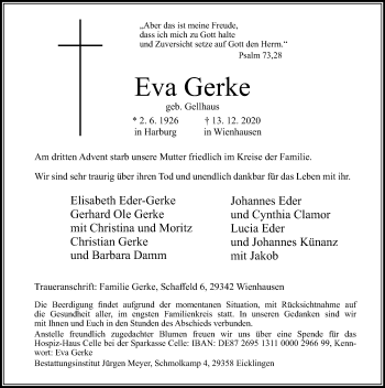 Traueranzeige von Eva Gerke von Cellesche Zeitung