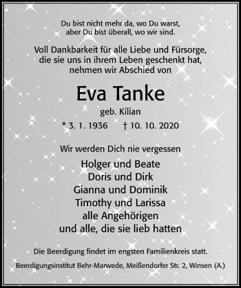 Traueranzeige von Eva Tanke von Cellesche Zeitung