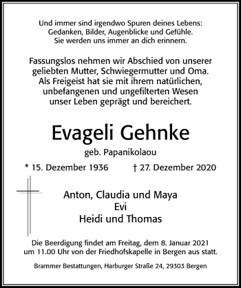 Traueranzeige von Evageli Gehnke von Cellesche Zeitung