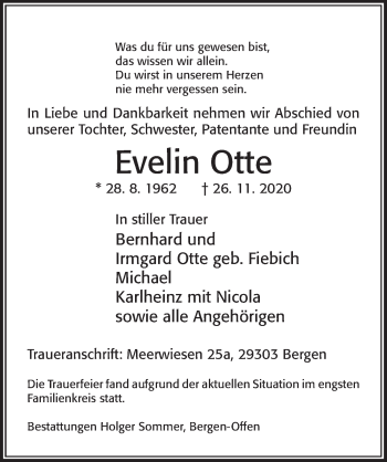 Traueranzeige von Evelin Otte von Cellesche Zeitung
