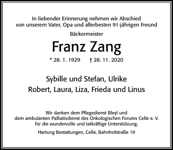 Traueranzeige von Franz Zang von Cellesche Zeitung