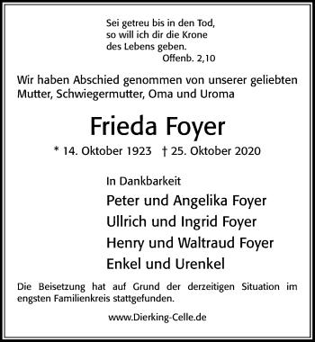 Traueranzeige von Frieda Foyer von Cellesche Zeitung