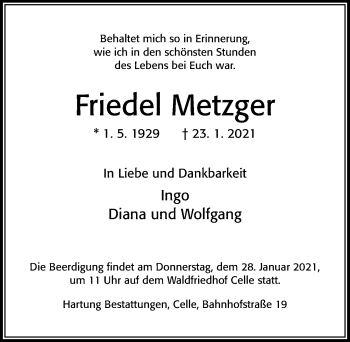 Traueranzeige von Friedel Metzger von Cellesche Zeitung