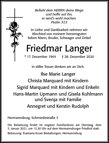 Traueranzeige von Friedmar Langer von Cellesche Zeitung