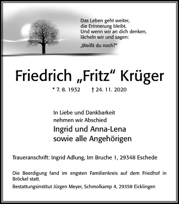 Traueranzeige von Friedrich Krüger von Cellesche Zeitung