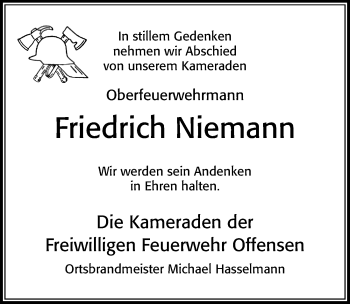 Traueranzeige von Friedrich Niemann von Cellesche Zeitung