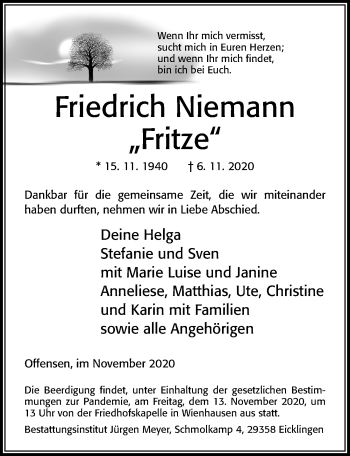 Traueranzeige von Friedrich Niemann von Cellesche Zeitung