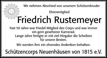 Traueranzeige von Friedrich Rustemeyer von Cellesche Zeitung