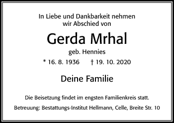 Traueranzeige von Gerda Mrhal von Cellesche Zeitung