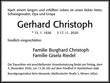 Traueranzeige von Gerhard Christoph von Cellesche Zeitung