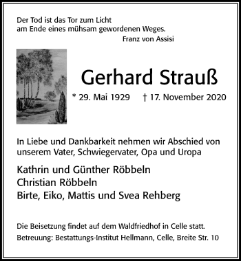 Traueranzeige von Gerhard Strauß von Cellesche Zeitung