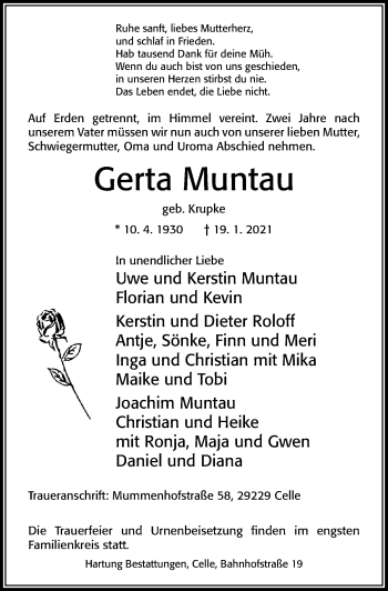 Traueranzeige von Gerta Muntau von Cellesche Zeitung